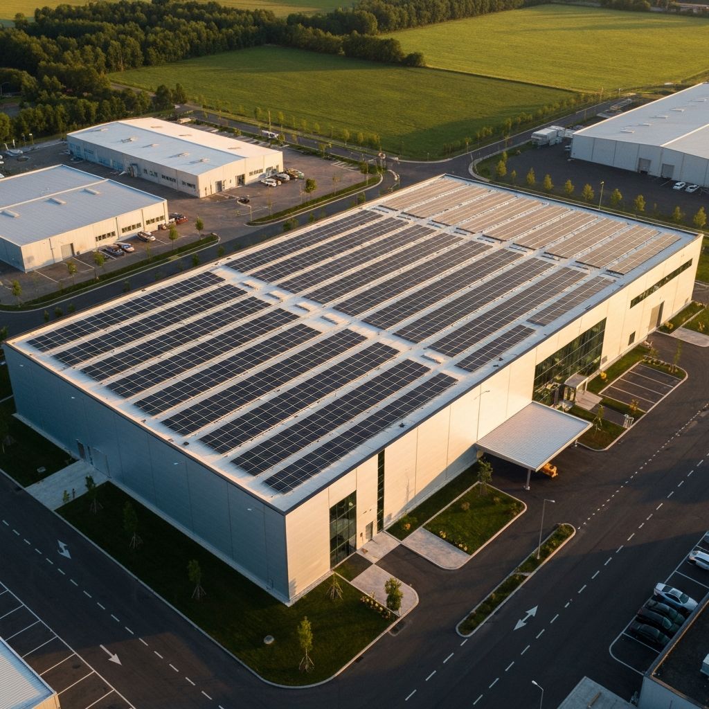 Solar panels on sustainable manufacturing facility